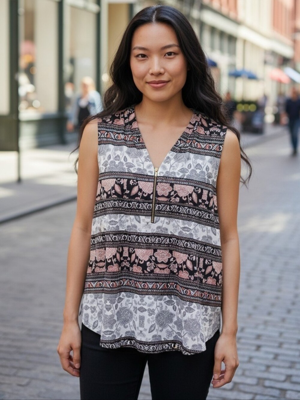 Ivanka Trump Floral & Stripe Sleeveless V-Neck Top